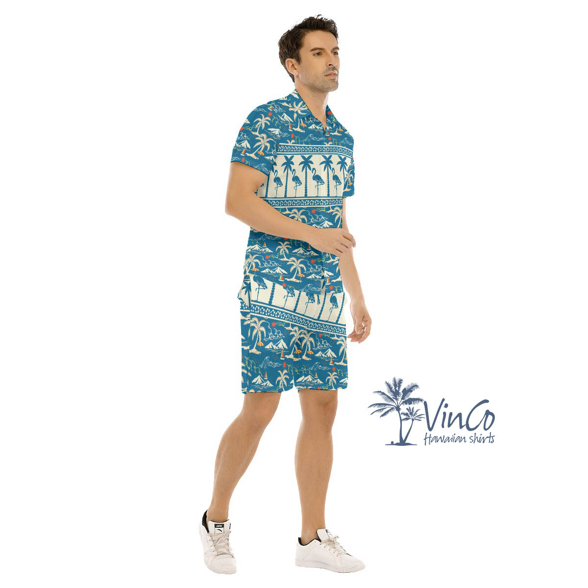 Blue Men's Flamingo Aloha Shirt Set