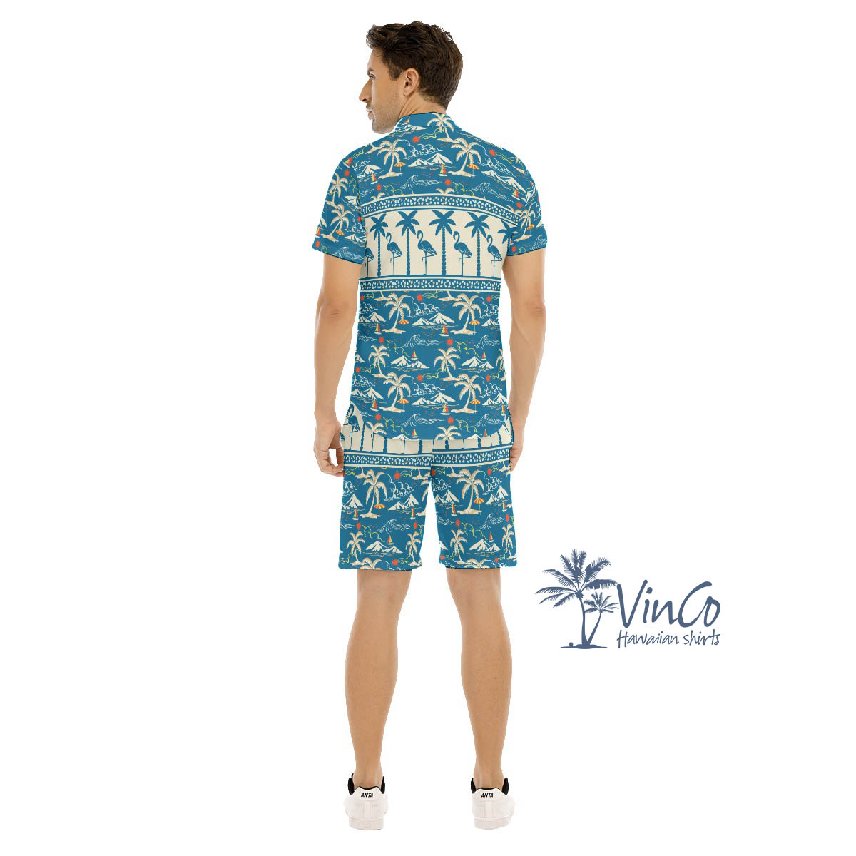 Blue Men's Flamingo Aloha Shirt Set