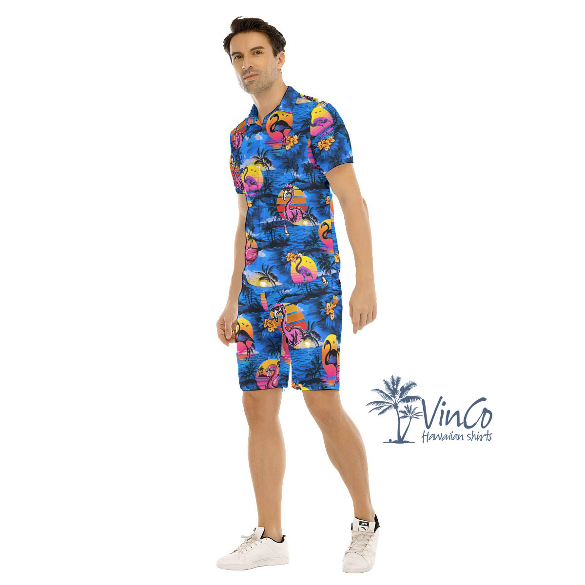 Funny Flamingo Tropical Navy Hawaiian Shirt And Shorts For Men
