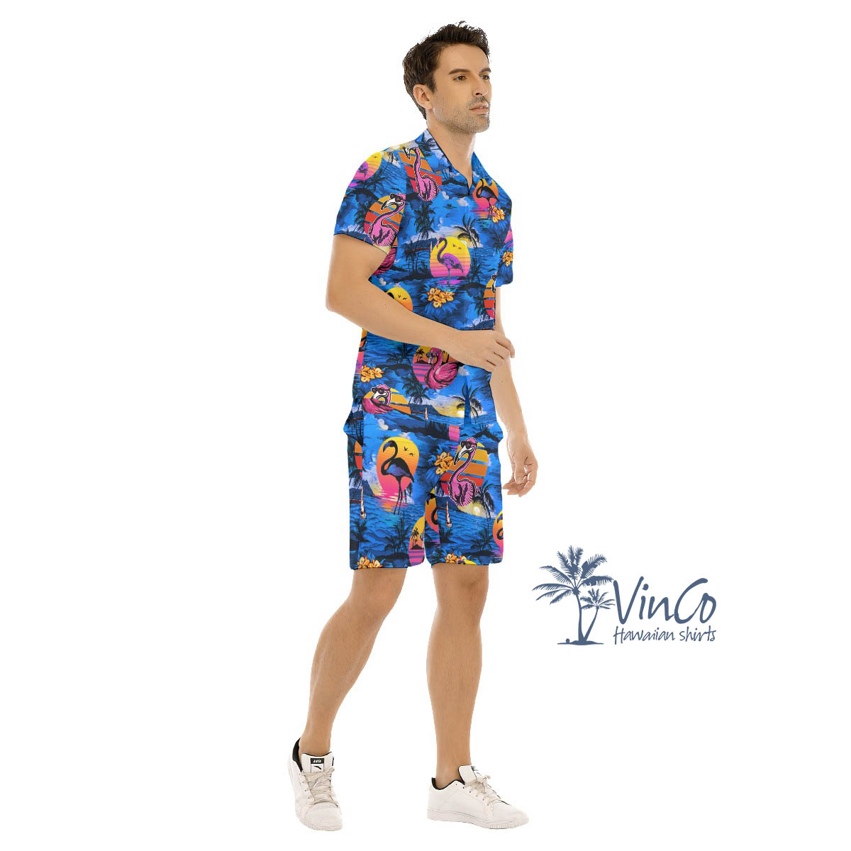 Funny Flamingo Tropical Navy Hawaiian Shirt And Shorts For Men