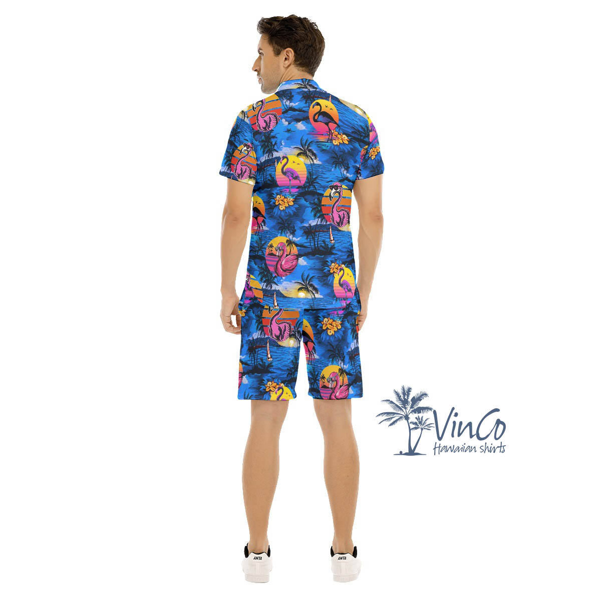 Funny Flamingo Tropical Navy Hawaiian Shirt And Shorts For Men