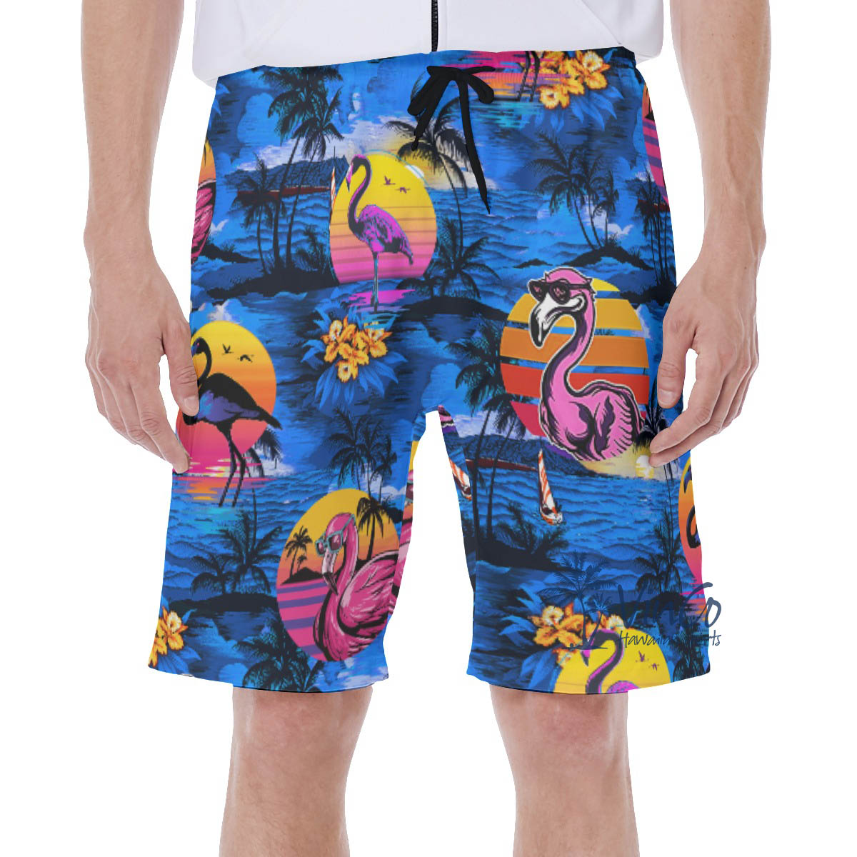 Tropical Palm Tree Flamingo Navy Hawaiian Swim Trunks For Men - variant image 1
