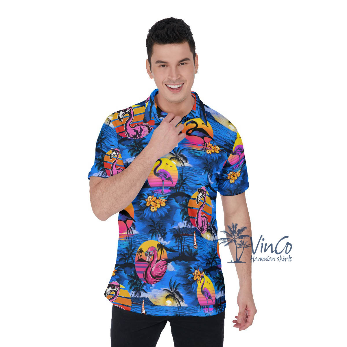 Funny Pink Flamingo Tropical Navy Hawaiian Polo Shirt - variant image 1