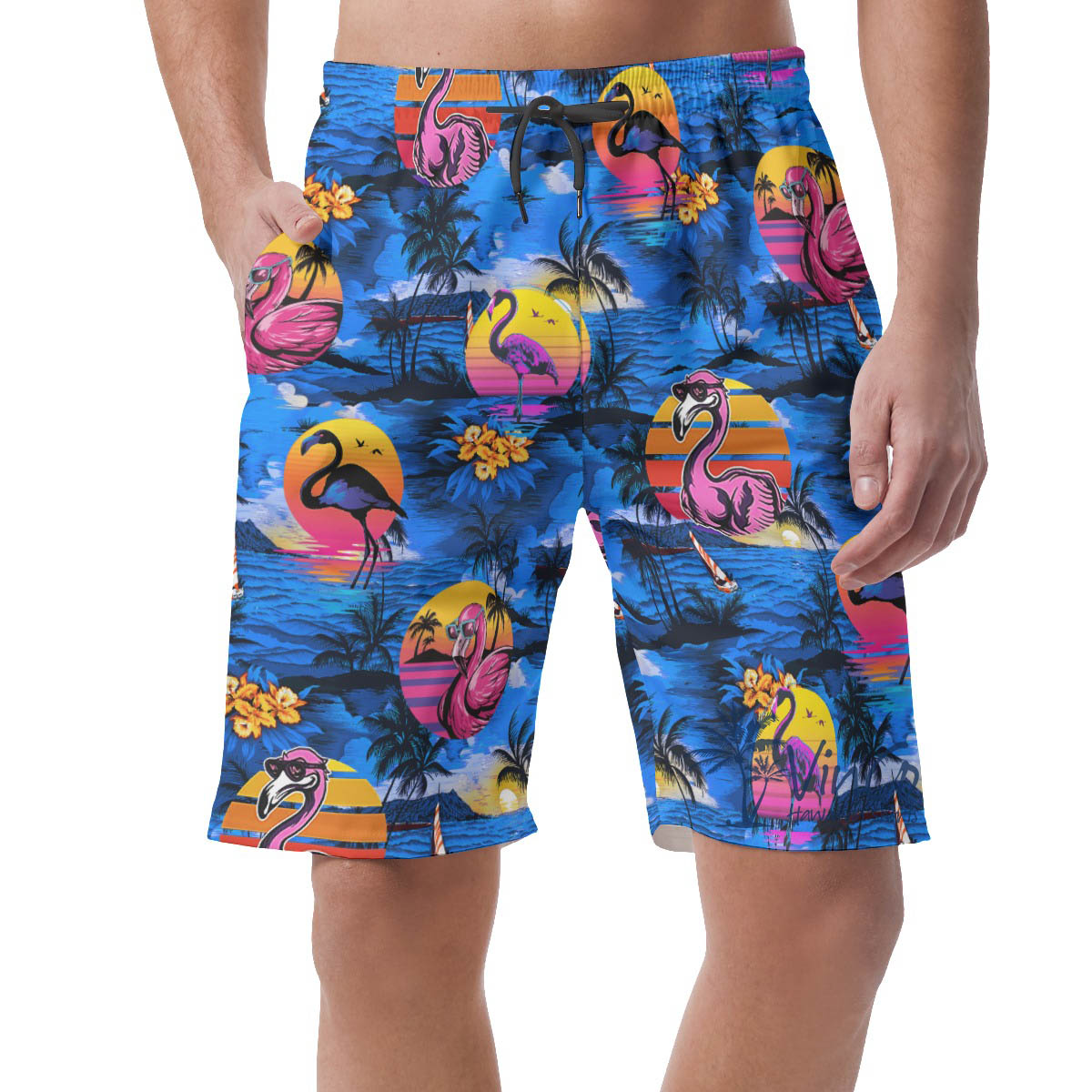 Funny Flamingo Tropical Navy Beach Shorts For Men - variant image 1