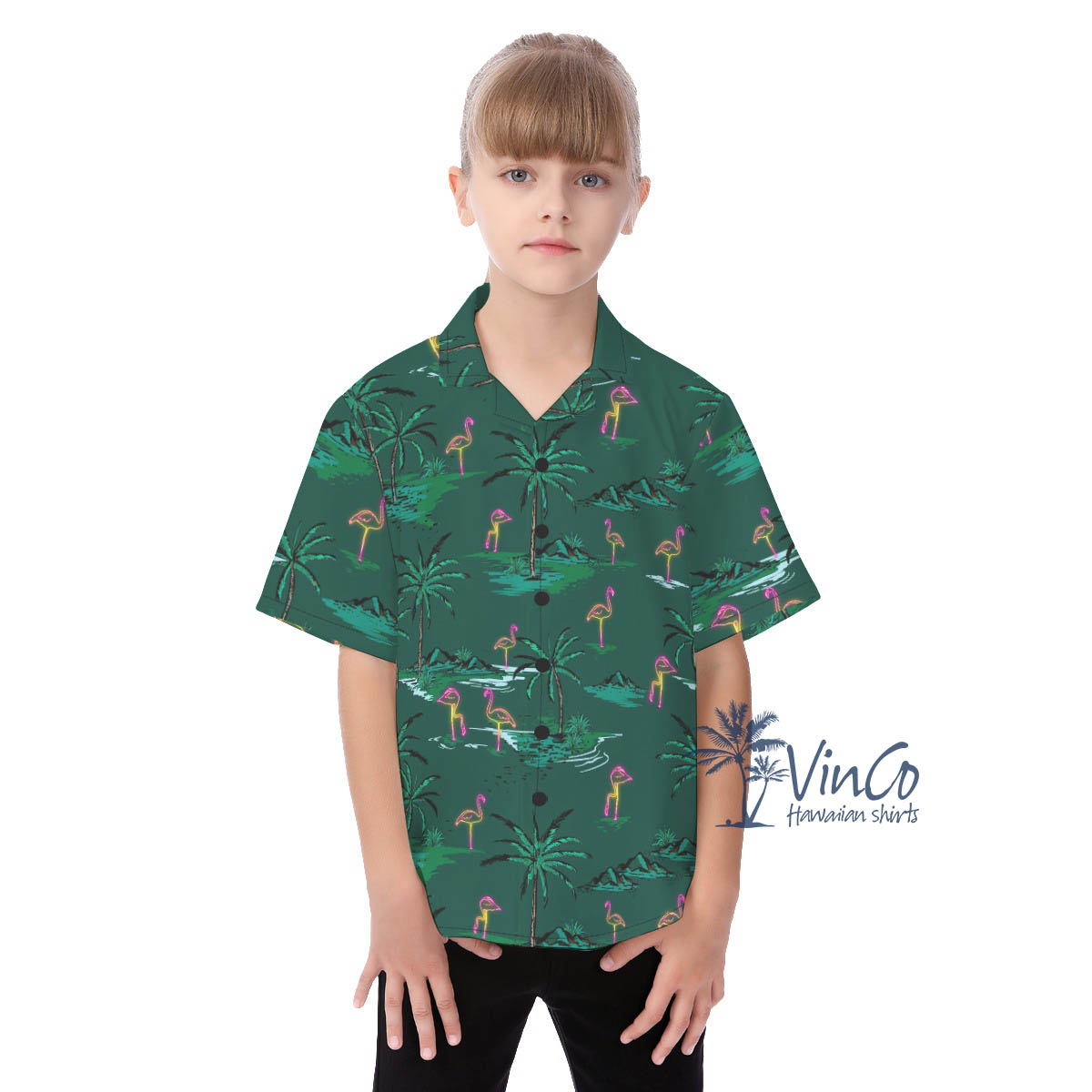 Green Flamingo Hawaiian Button Up Shirt For Kids - variant image 1