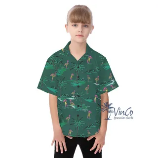 Green Flamingo Hawaiian Button Up Shirt For Kids