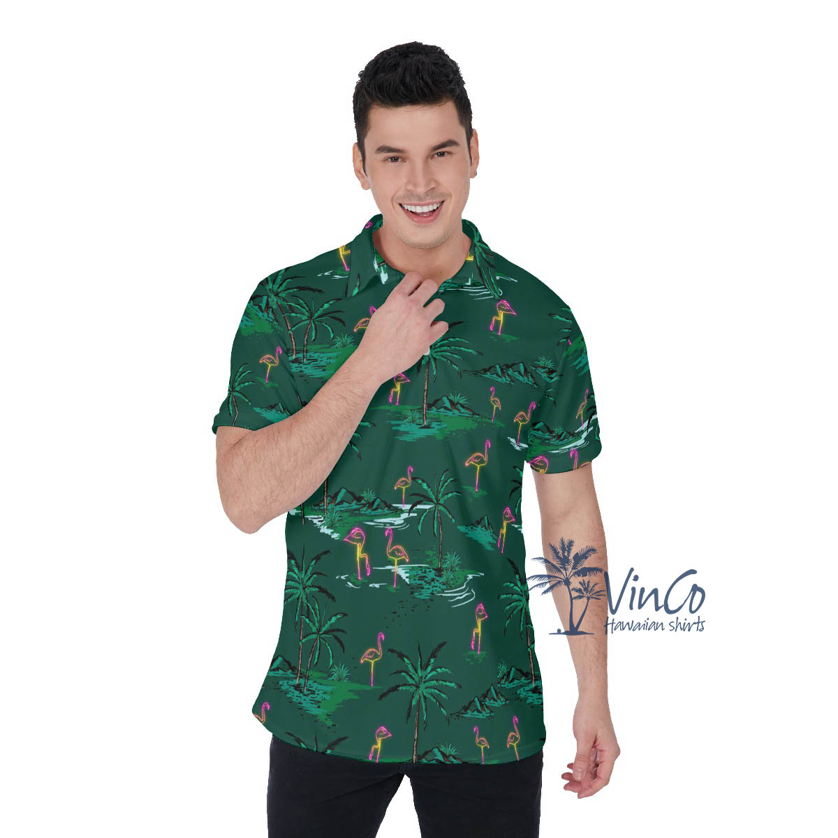 Green Flamingo Hawaiian Polo Shirt For Men - variant image 1