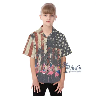 Funny Flamingo American Flag Hawaiian Shirt For Kids