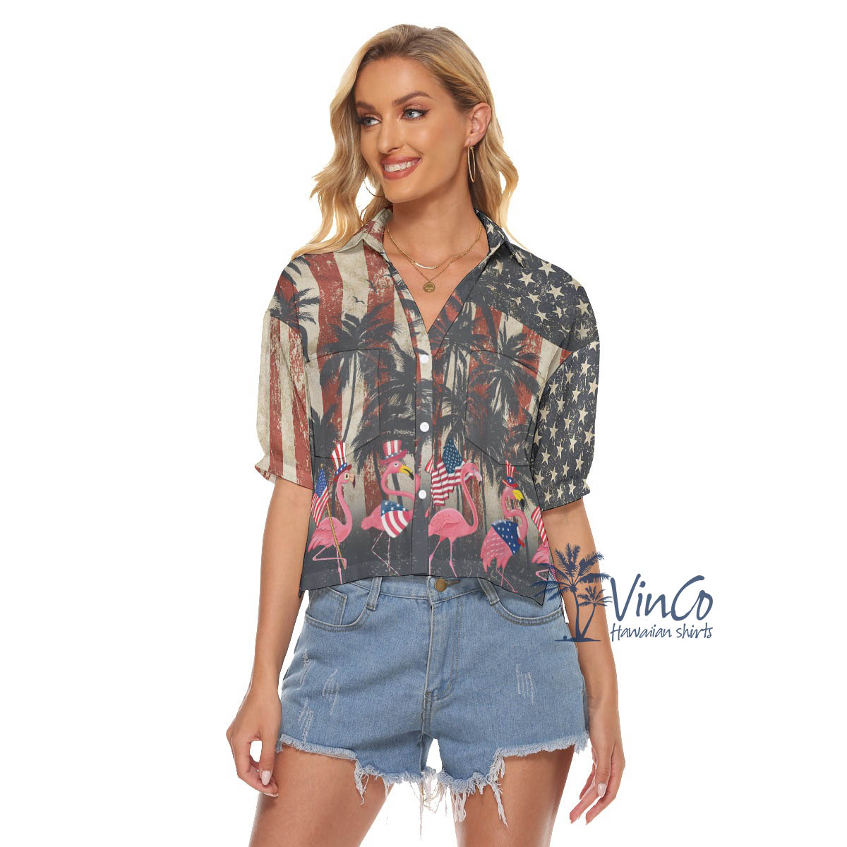 American Flag 4th Of July Flamingo Hawaiian Cropped Shirt For Women - variant image 1