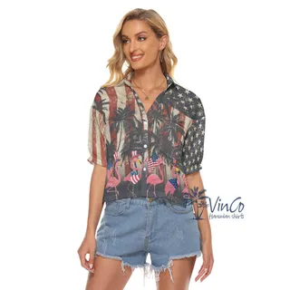 American Flag 4th Of July Flamingo Hawaiian Cropped Shirt For Women