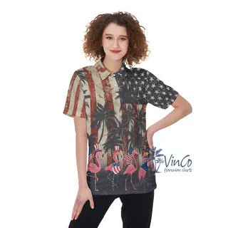 Funny American Flag Patriotic Flamingo Hawaiian Shirt For Women