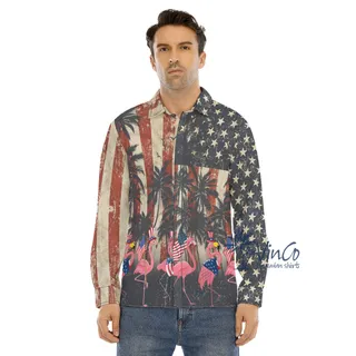 American Flag Flamingo Hawaiian Long Sleeve Shirt For Men
