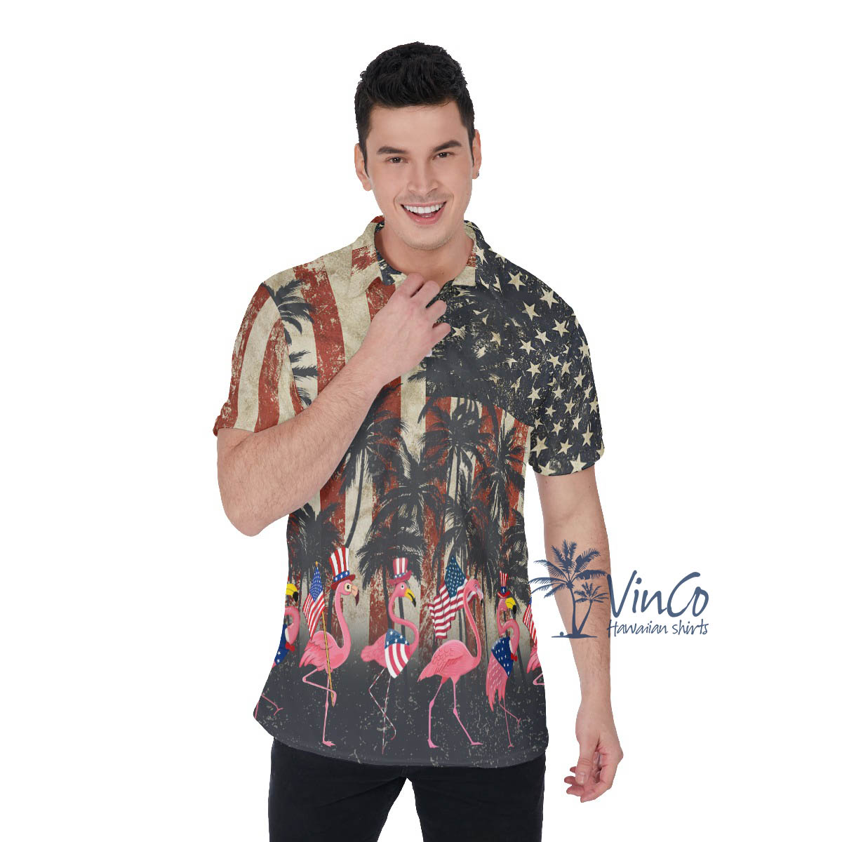 Funny American Flag Flamingo Hawaiian Polo Shirt For Men - variant image 1