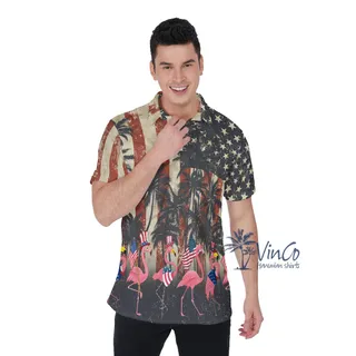 Funny American Flag Flamingo Hawaiian Polo Shirt For Men