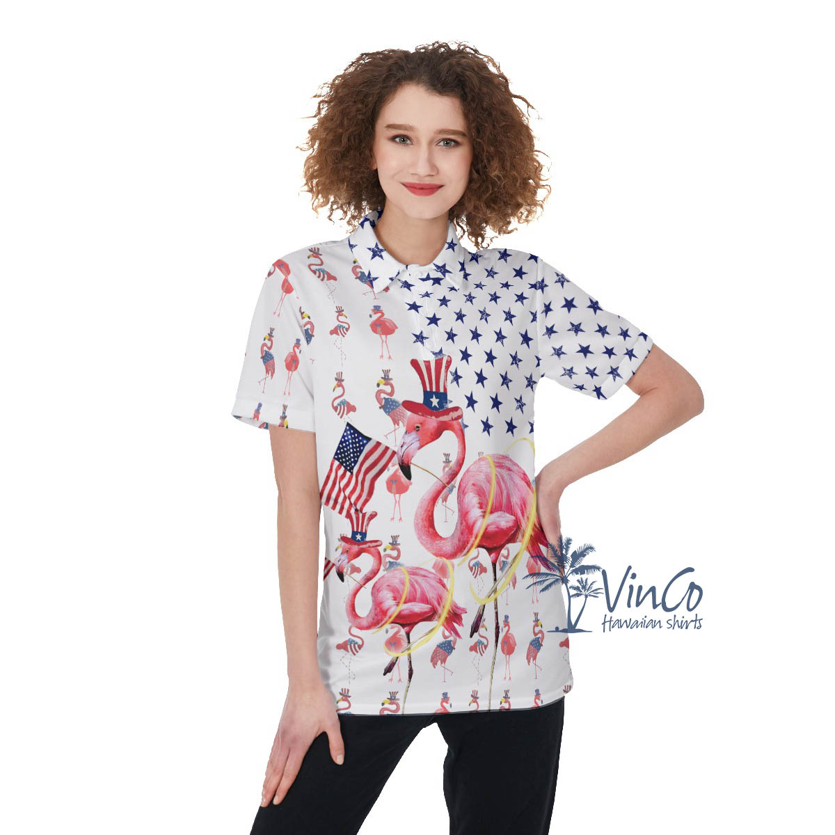 Funny Flamingo Patriotic Women's Hawaiian Polo Shirt - variant image 1