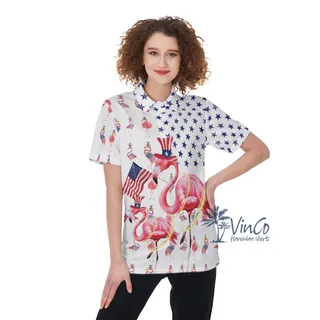 Funny Flamingo Patriotic Women's Hawaiian Polo Shirt