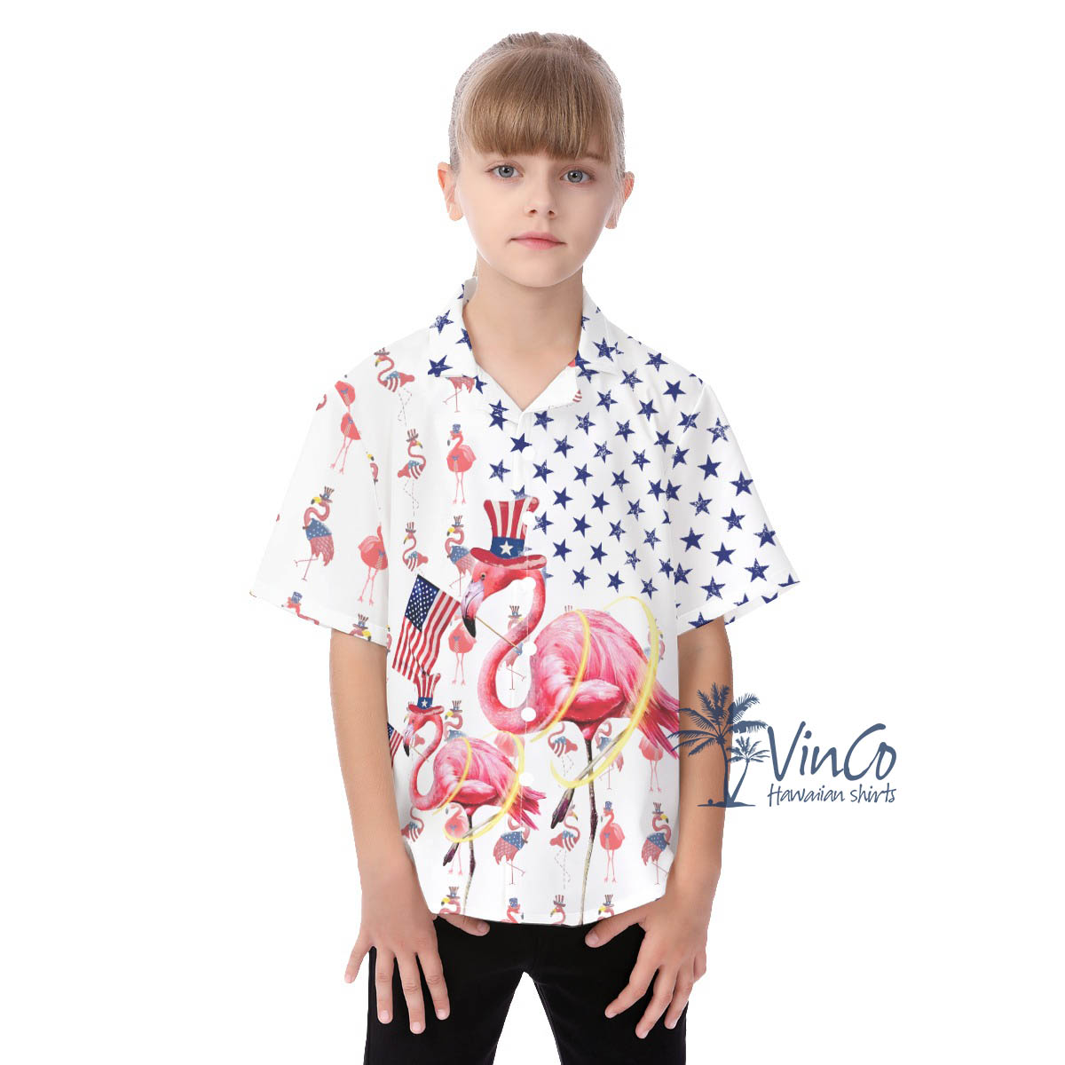 Cute Flamingo 4th Of July Hawaiian Button Up Shirt For Kids - variant image 1