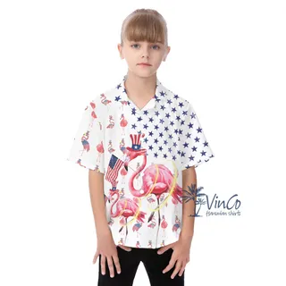 Cute Flamingo 4th Of July Hawaiian Button Up Shirt For Kids