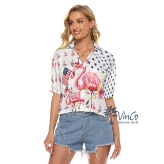 Funny Flamingo 4th Of July Hawaiian Crop Top Shirt For Women