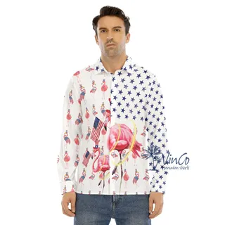 Funny Flamingo 4th Of July Hawaiian Long Sleeve Shirt For Men