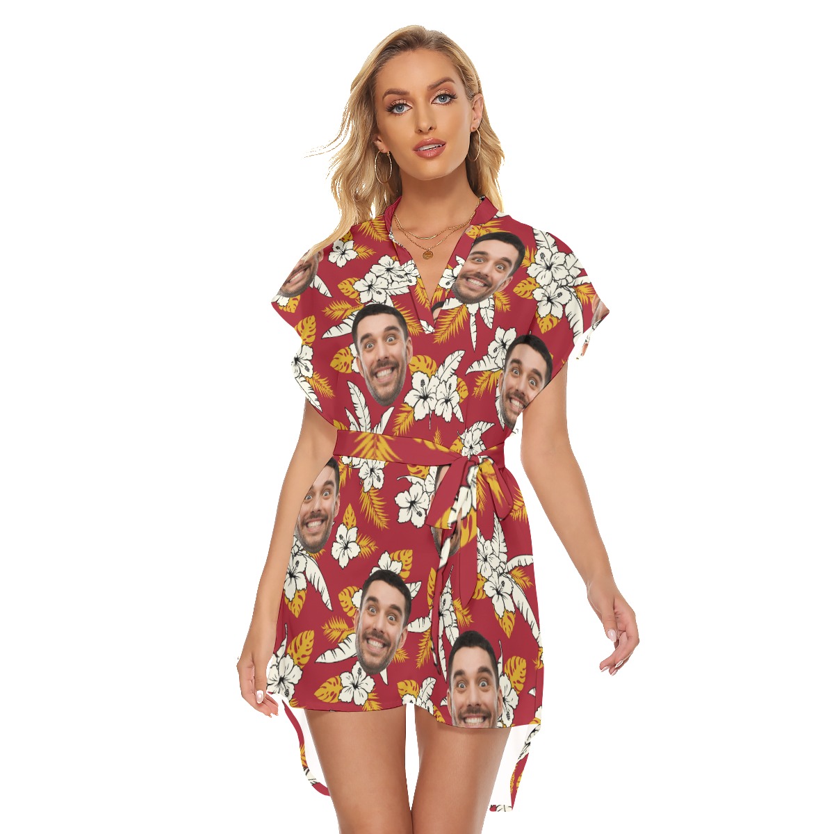 Floral Custom Face Red Women's Belted Dress - variant image 1