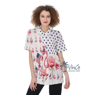 Women's Patriotic Flamingo Hawaiian Button Up Shirt