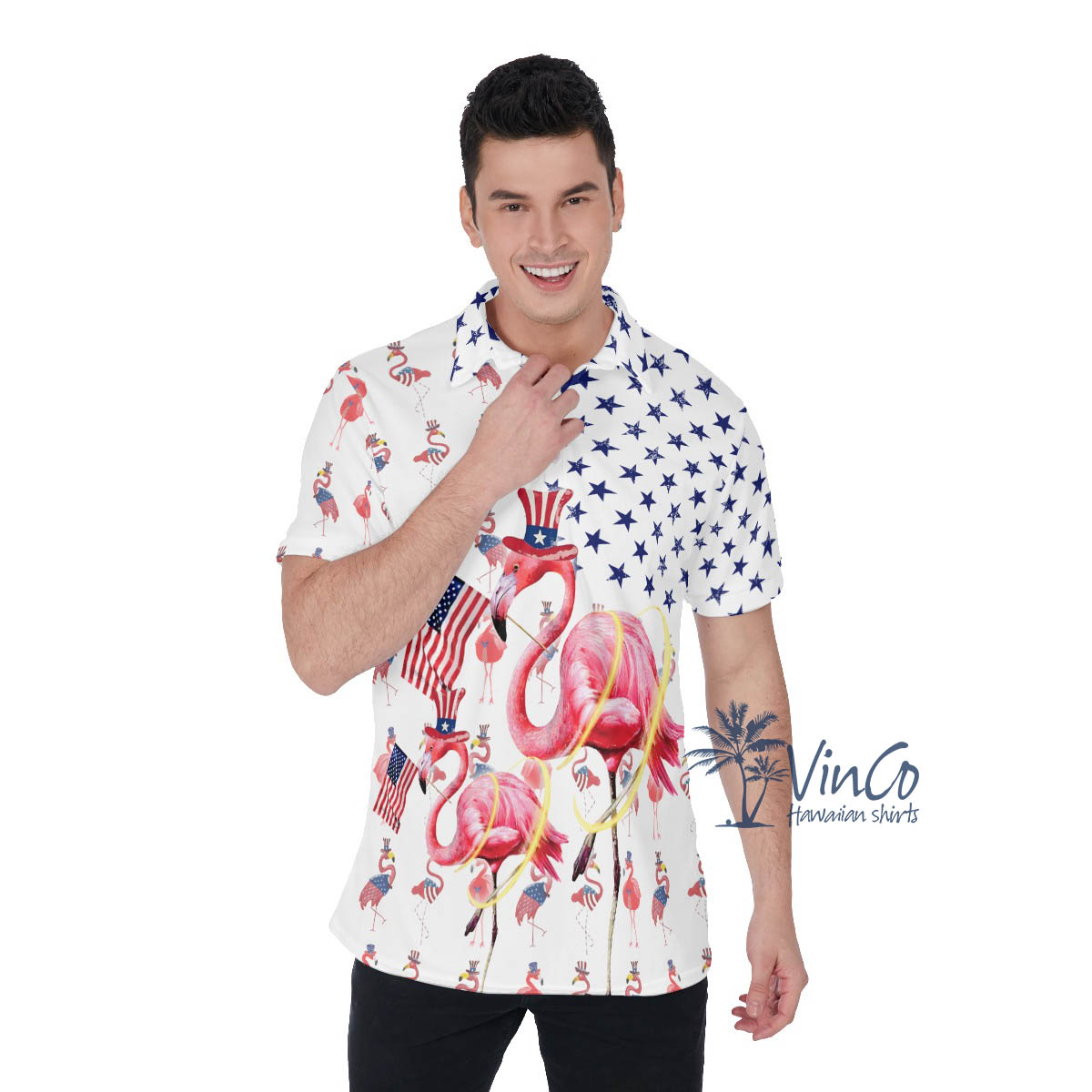 Funny Flamingo Patriotic Hawaiian Polo Shirt For Men - variant image 1