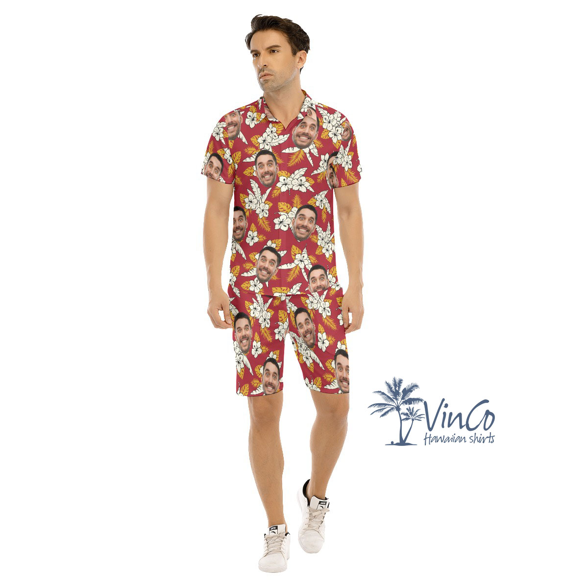 Floral Custom Face Red Men's Hawaiian Set - variant image 1