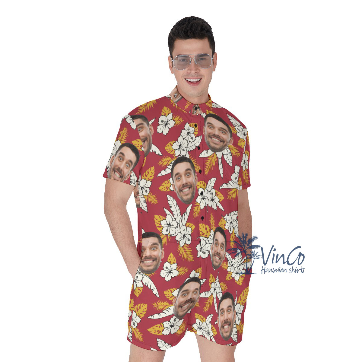 Floral Custom Face Red Men's Hawaiian Romper - variant image 1