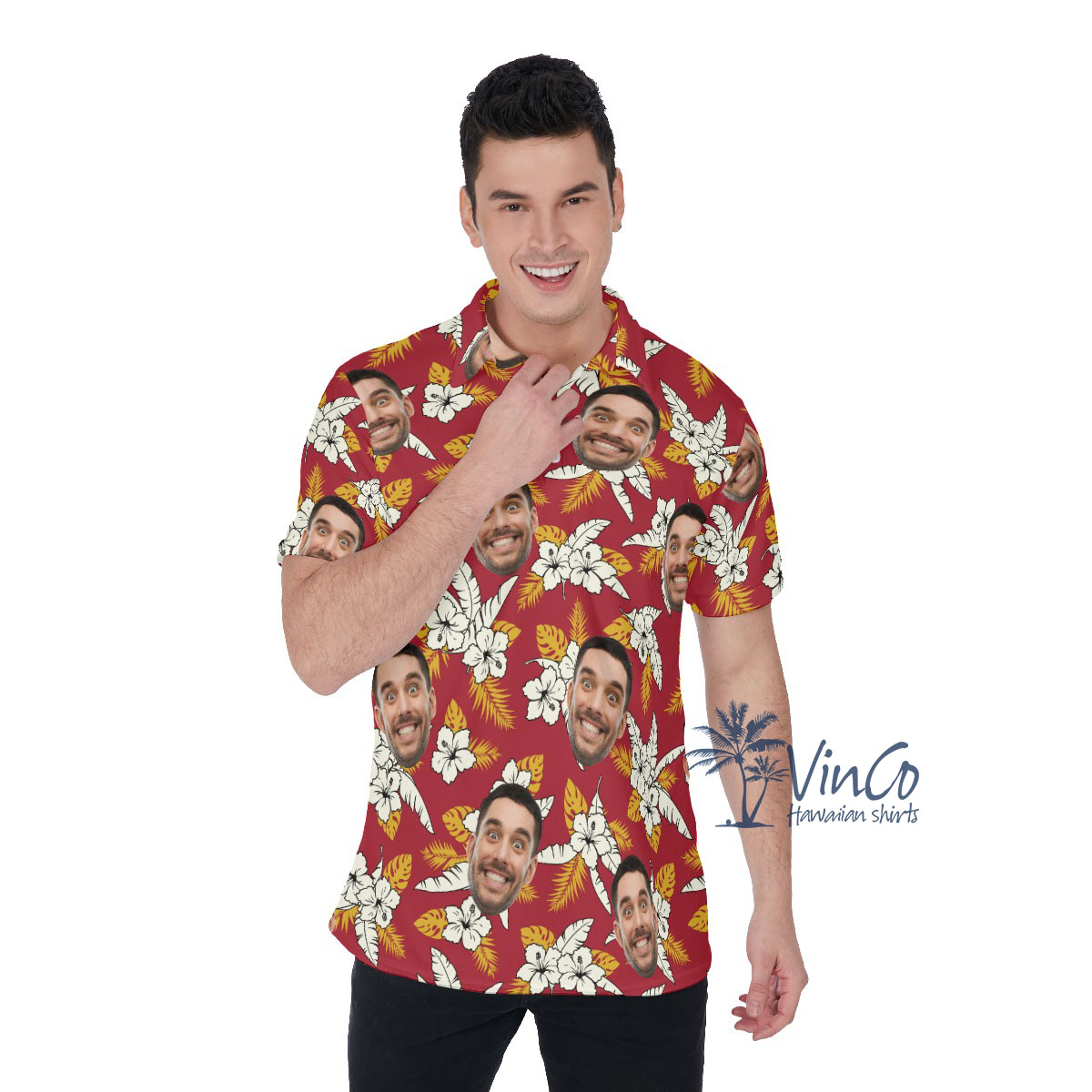 Floral Custom Face Red Men's Hawaiian Polo Shirt - variant image 1