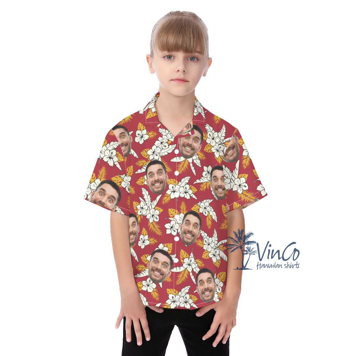 Floral Custom Face Red Kid's Hawaiian Shirt With Face - variant image 1