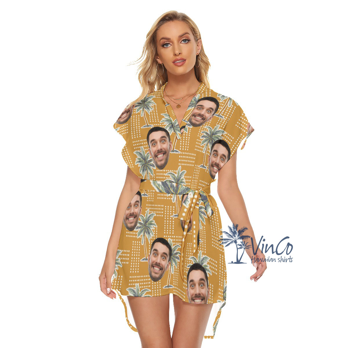Unique Palm Tree Yellow Women's Belt Dress With Custom Face - variant image 1