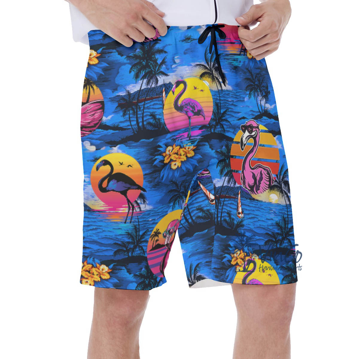 Tropical Palm Tree Flamingo Navy Hawaiian Swim Trunks For Men