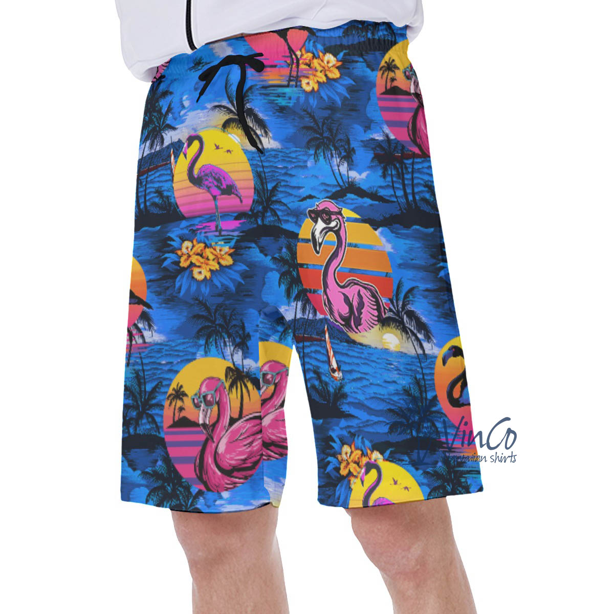 Tropical Palm Tree Flamingo Navy Hawaiian Swim Trunks For Men