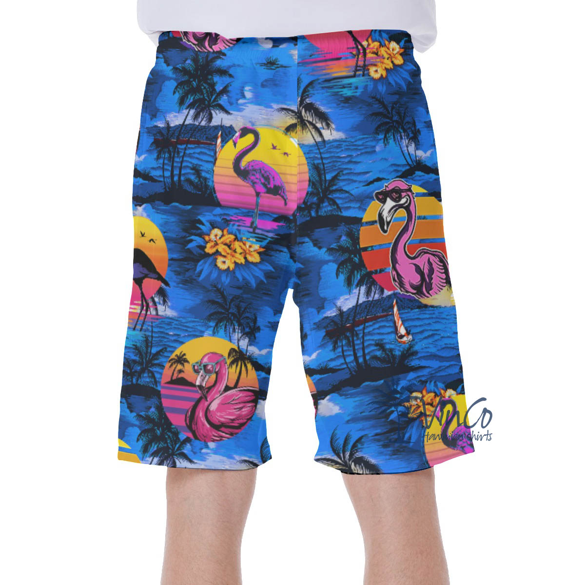 Tropical Palm Tree Flamingo Navy Hawaiian Swim Trunks For Men