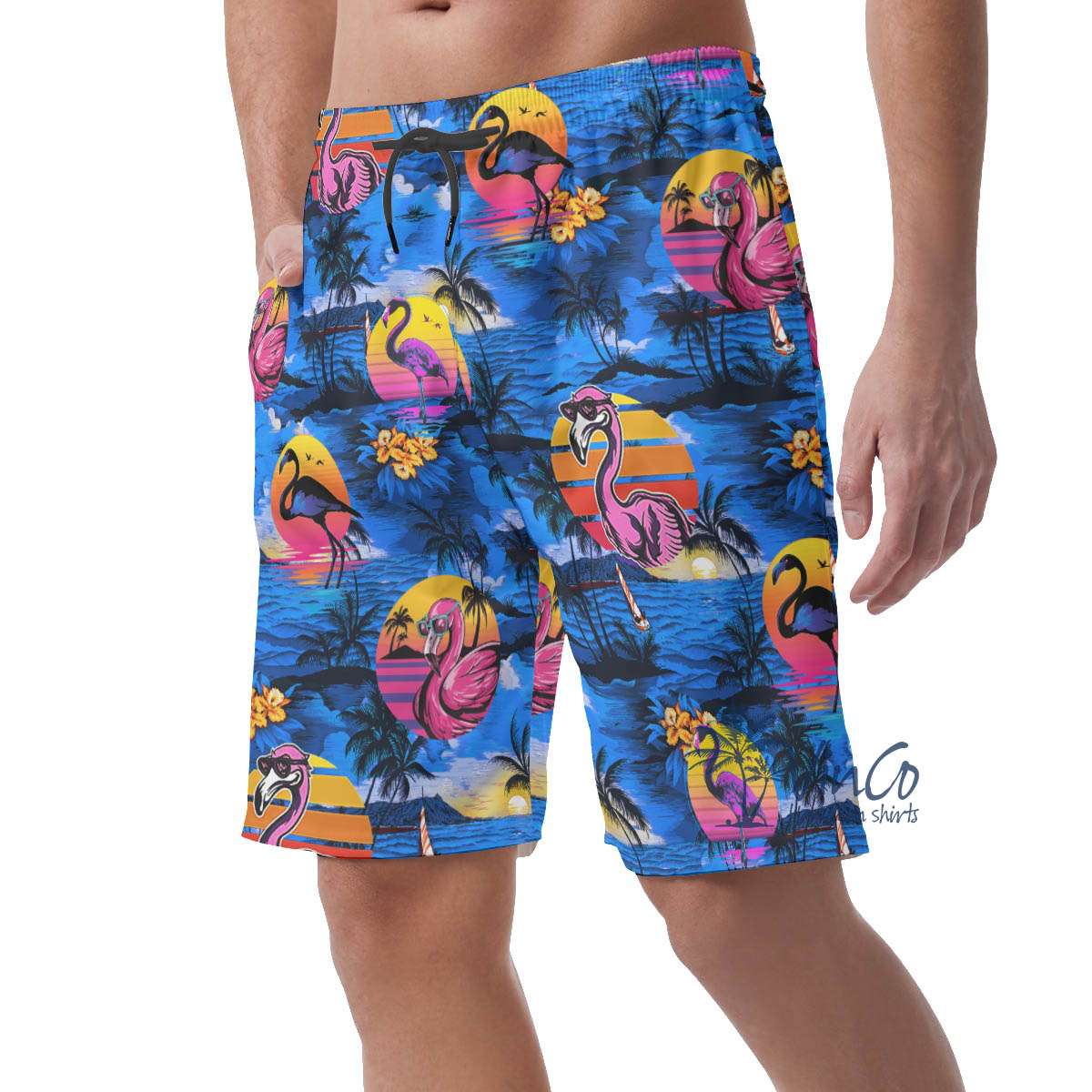Funny Flamingo Tropical Navy Beach Shorts For Men