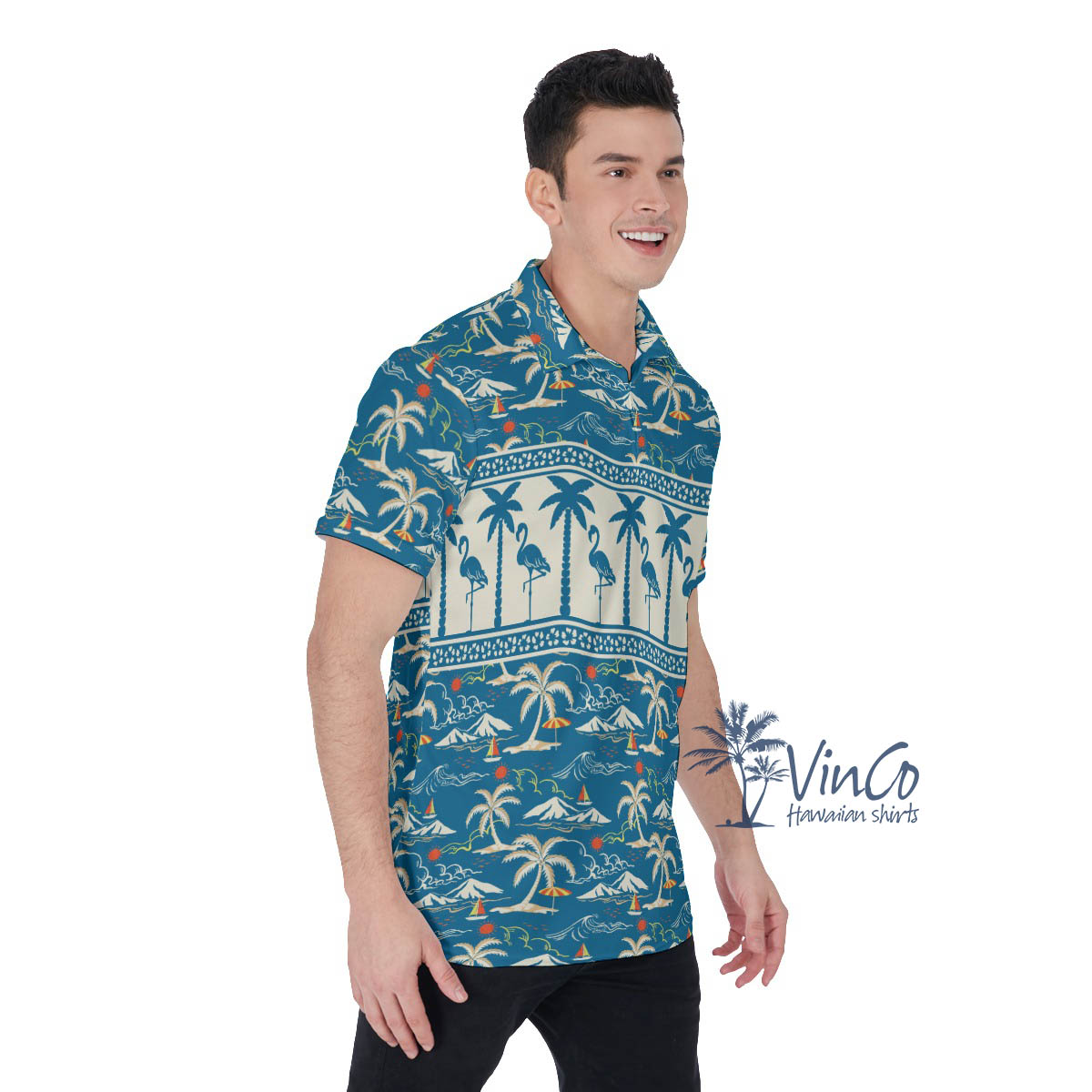 Flamingo Hawaiian Polo Golf Shirt For Men