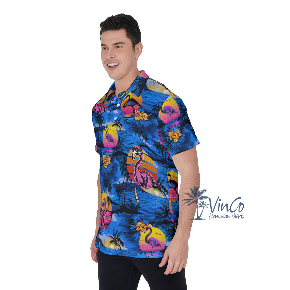 Funny Pink Flamingo Tropical Navy Hawaiian Polo Shirt