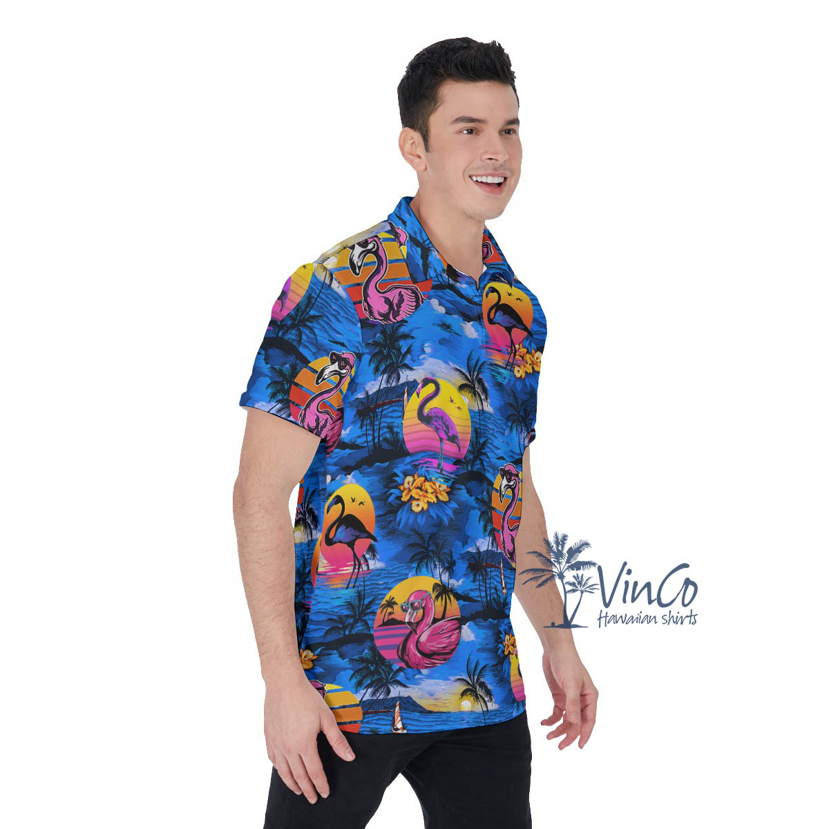 Funny Pink Flamingo Tropical Navy Hawaiian Polo Shirt