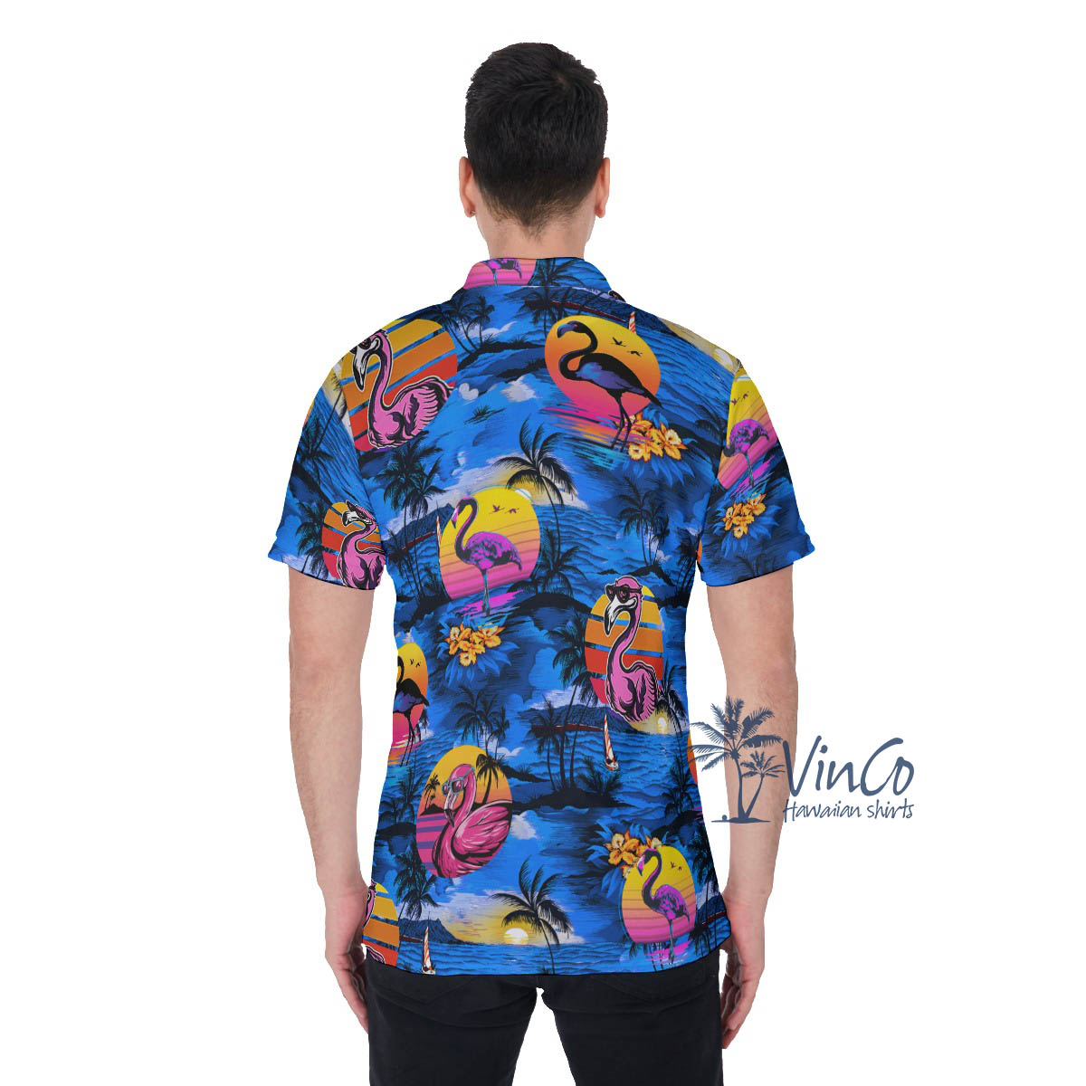 Funny Pink Flamingo Tropical Navy Hawaiian Polo Shirt