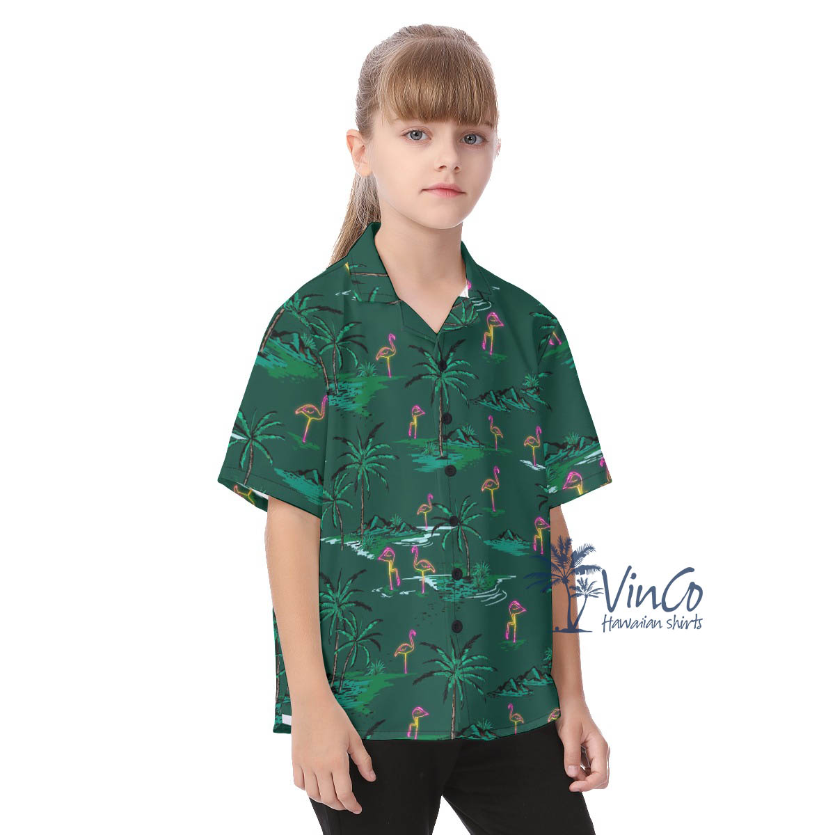 Green Flamingo Hawaiian Button Up Shirt For Kids
