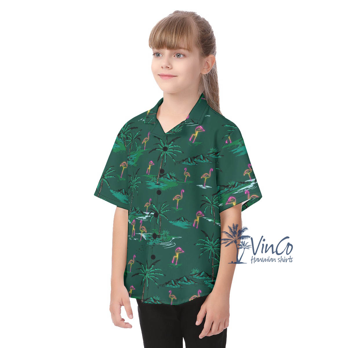 Green Flamingo Hawaiian Button Up Shirt For Kids
