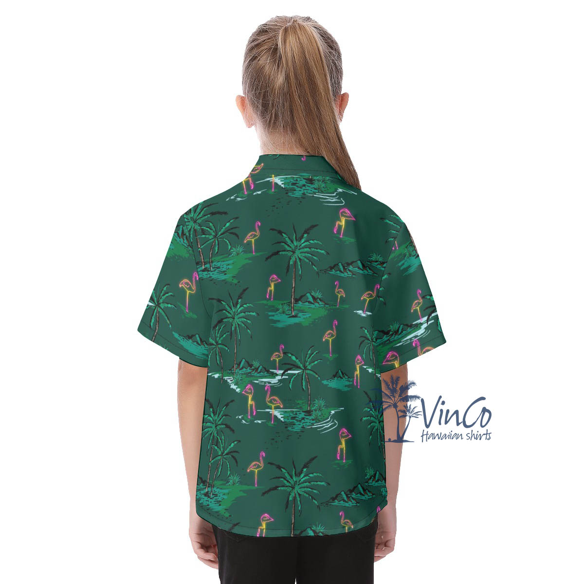 Green Flamingo Hawaiian Button Up Shirt For Kids