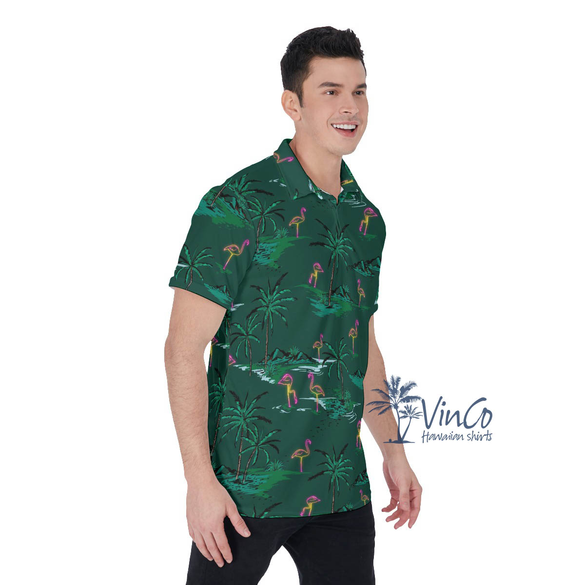 Green Flamingo Hawaiian Polo Shirt For Men