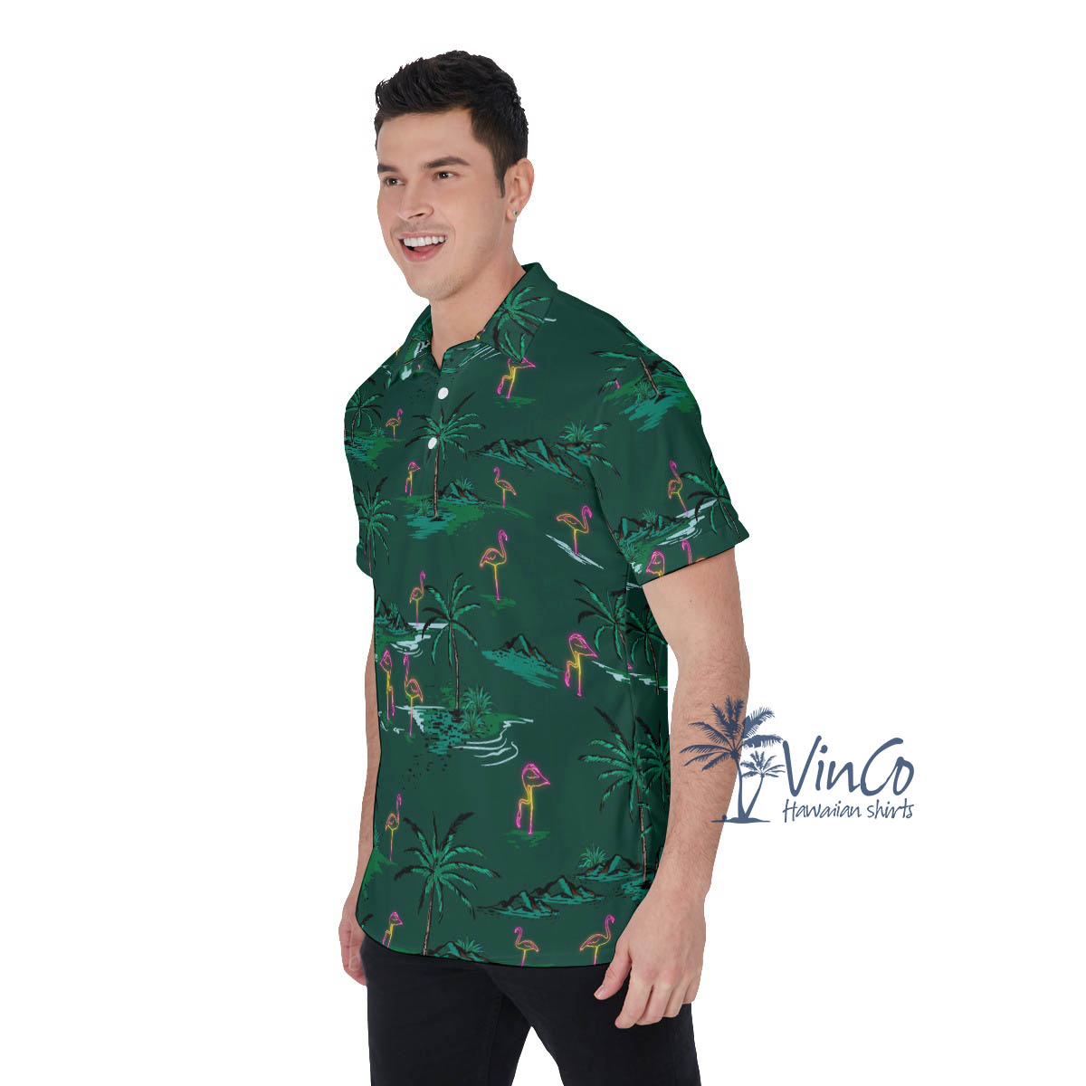 Green Flamingo Hawaiian Polo Shirt For Men