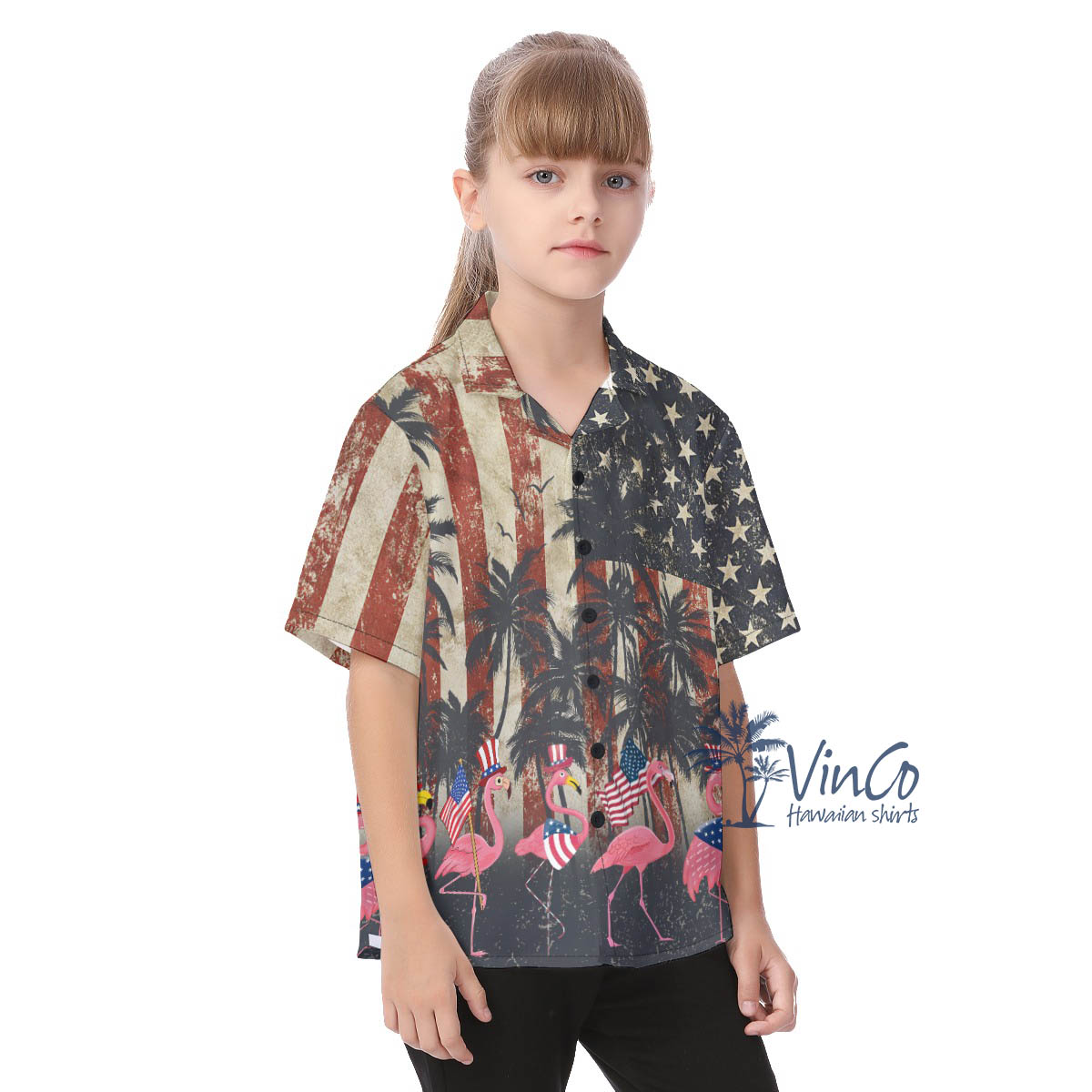 Funny Flamingo American Flag Hawaiian Shirt For Kids