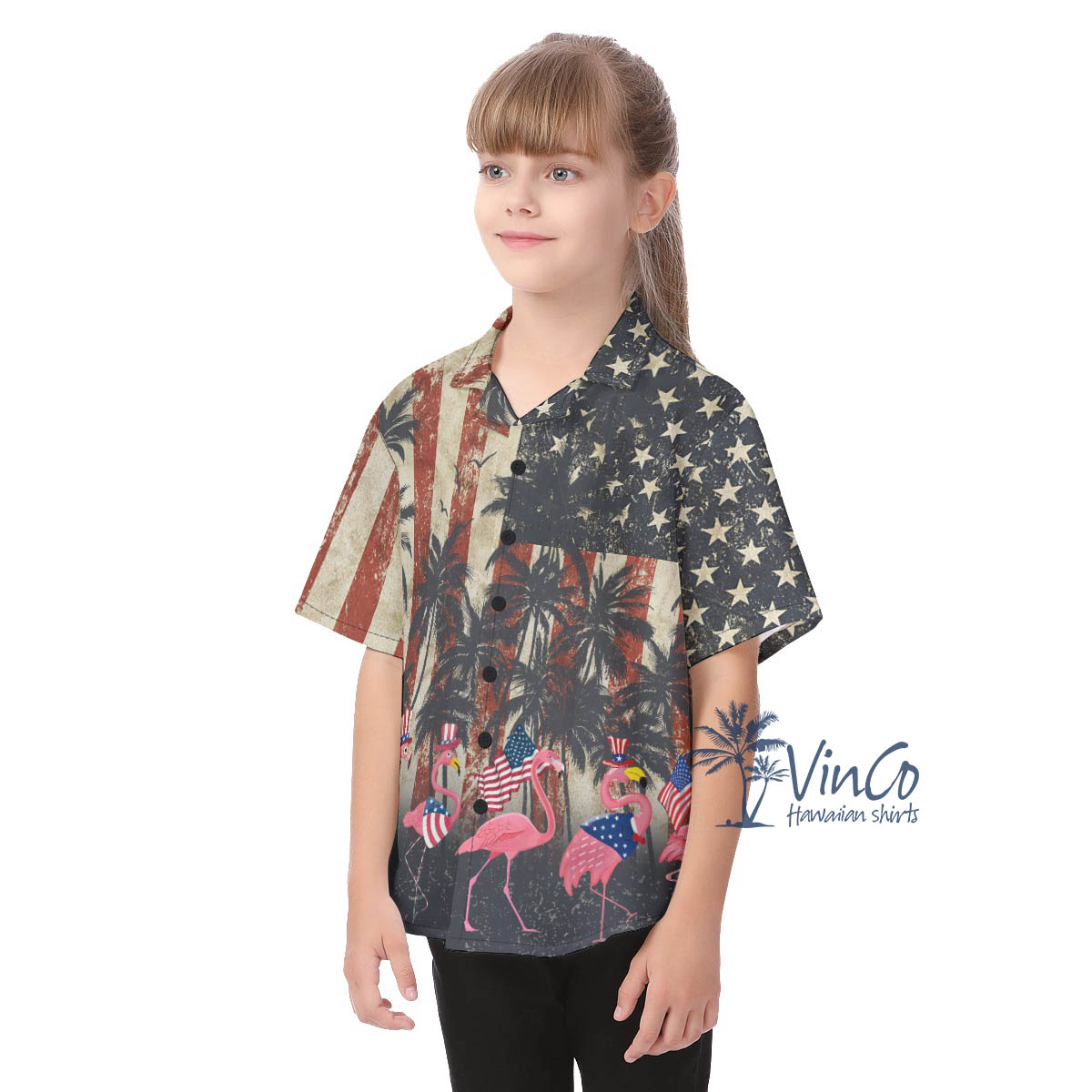 Funny Flamingo American Flag Hawaiian Shirt For Kids