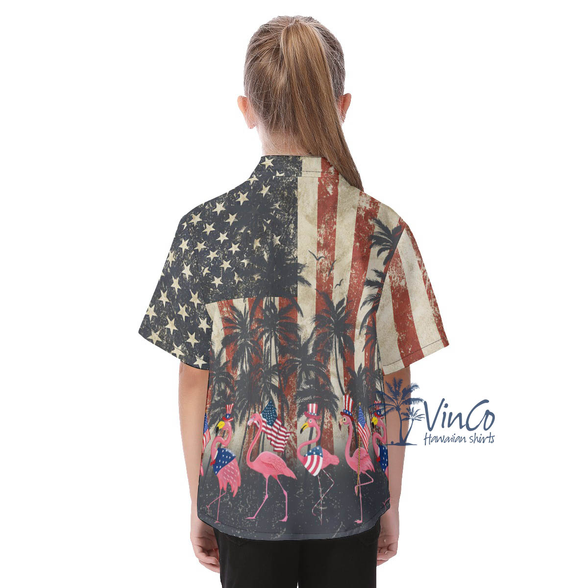 Funny Flamingo American Flag Hawaiian Shirt For Kids