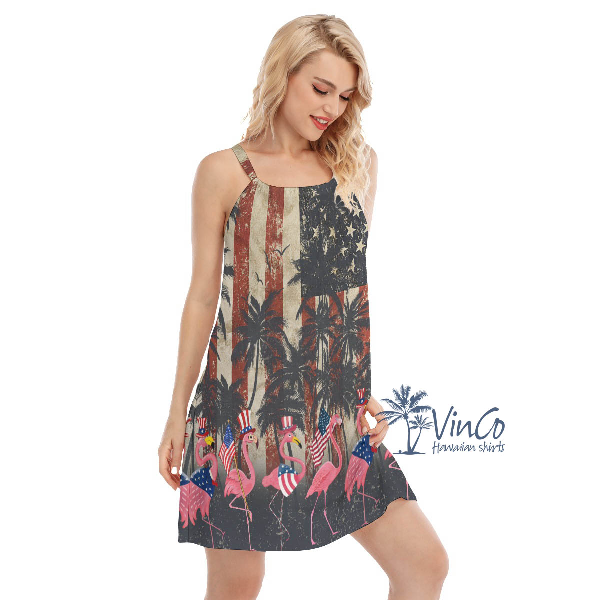 4th Of July American Flag Flamingo Hawaiian Dresses For Women