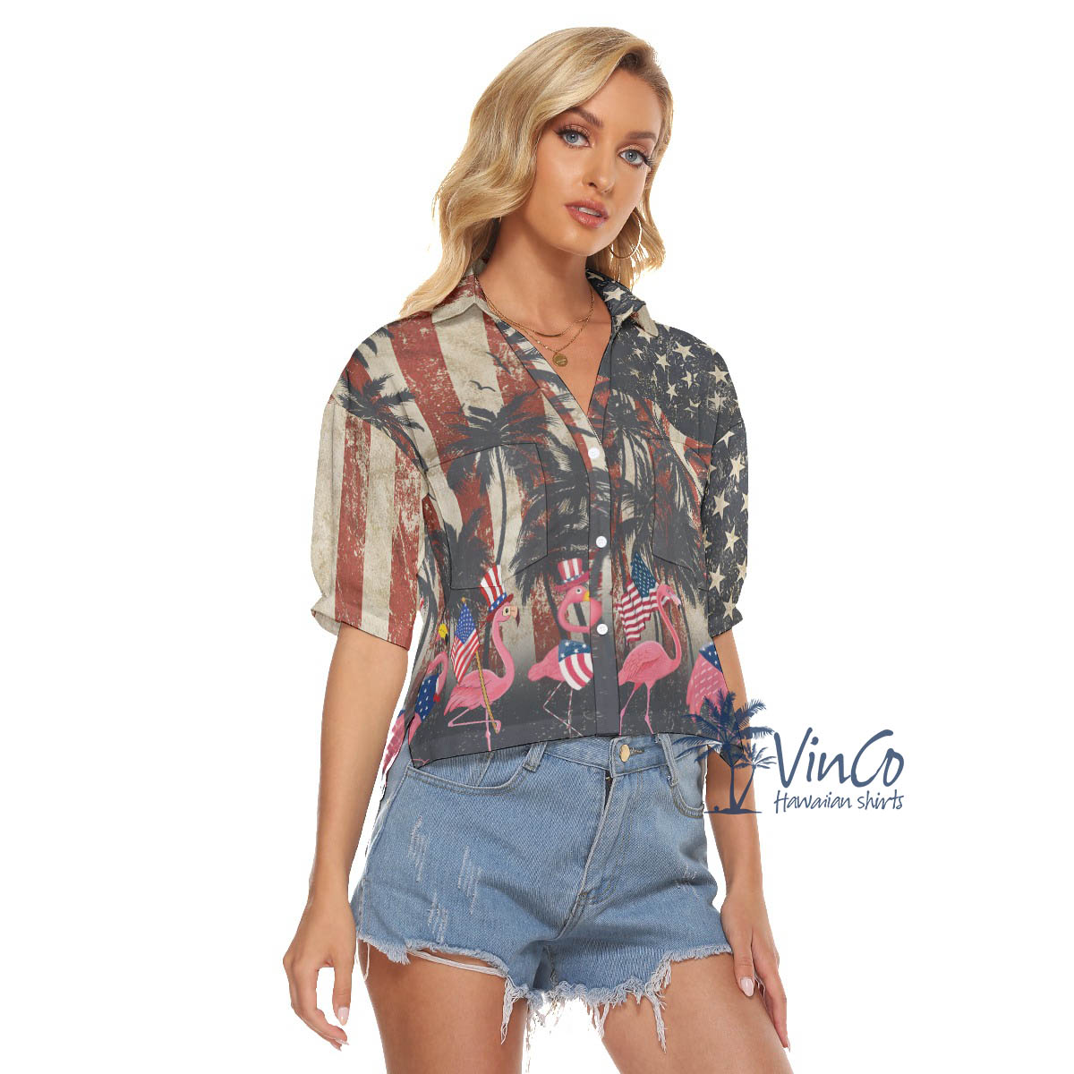 American Flag 4th Of July Flamingo Hawaiian Cropped Shirt For Women